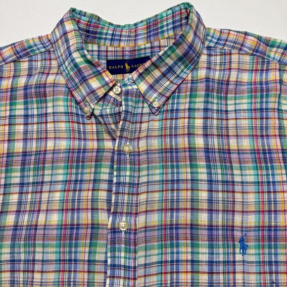 Ralph Lauren Shirt Mens 3XLT Multicolor Plaid Linen Short Sleeve Button Down - Picture 1 of 13
